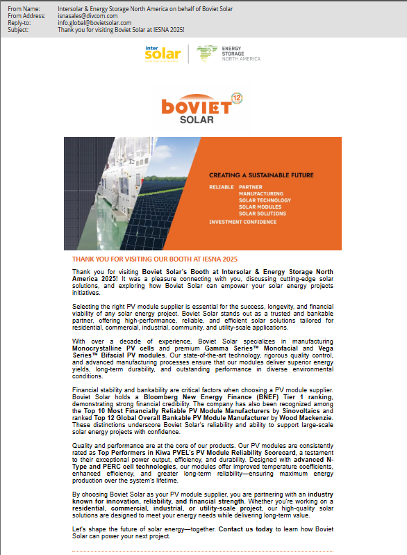Screenshot of Boviet Solar's sponsored email